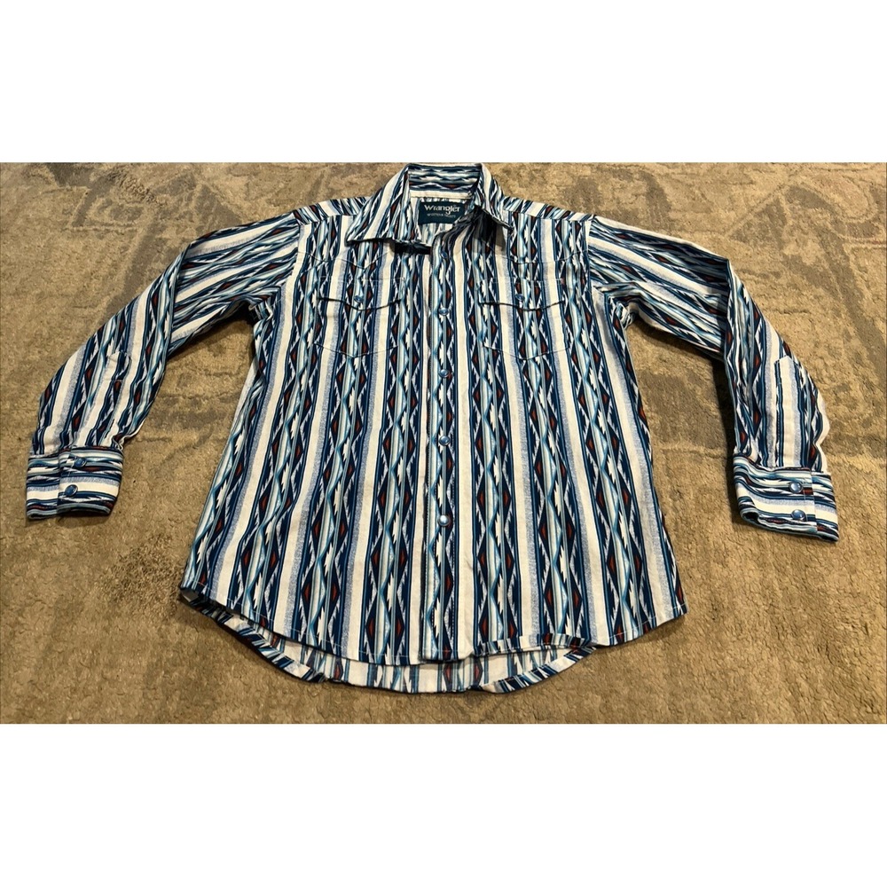 Wrangler Youth Boy's Aztec Blue‎ Snap Button Down Western Shirt Size Medium